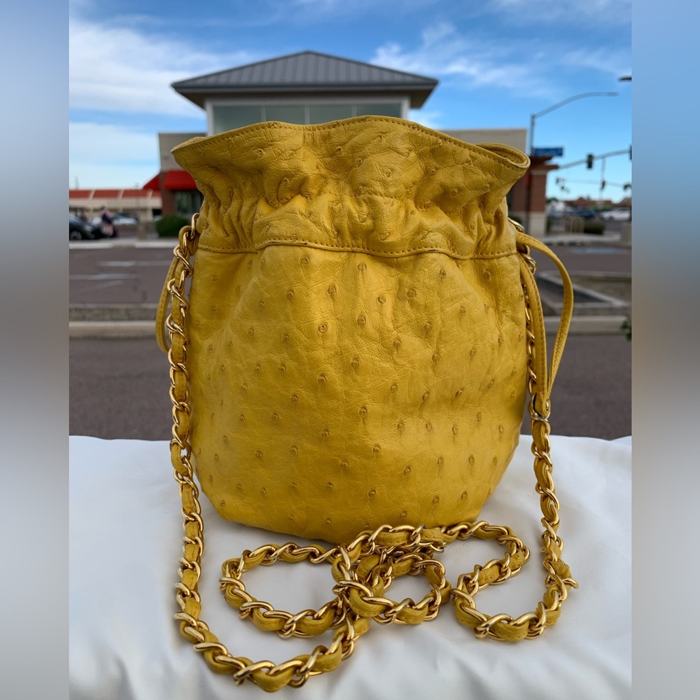 Vintage CHANEL Yellow Leather Ostrich Mini Drawstring Bucket Bag